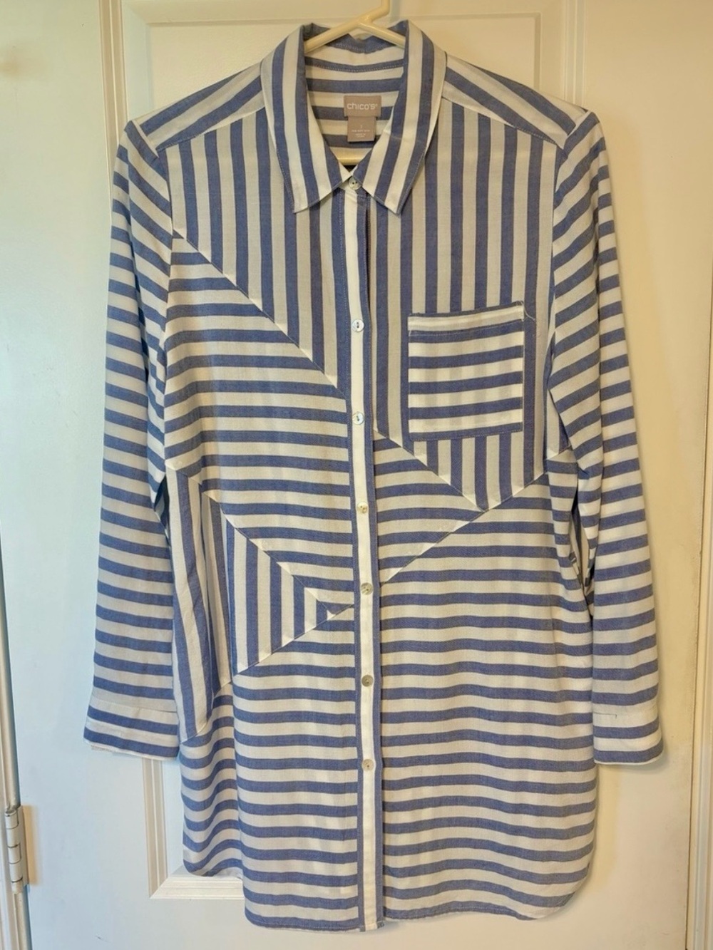 Chico's - Navy and White Mixed Striped Button-Front Tunic w/pockets - size M/8